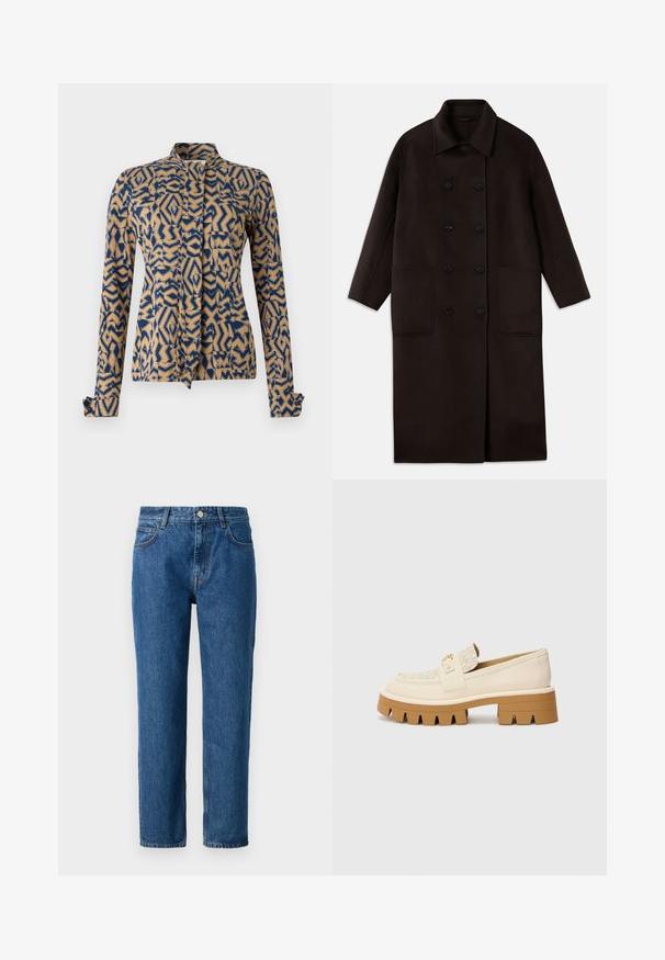 Tamsiai rudas, ilgas vilnonis paltas su dvigubais mygtukais, plačiu apykakle, ilgomis rankovėmis ir dviem didelėmis priekinėmis kišenėmis.; Raštuota striukė tamsiai mėlynos ir smėlinės spalvų, su geometriniais dizainais. Ilgos rankovės su mygtukais ant rankogalių, mandarinų tipo apykaklė ir priekinis užsegimas raišteliu.; Mėlyni džinsai su tiesiomis kojomis, turintys mygtuką užsegimui, diržo kilpas ir priekinius kišenius. Pagaminti iš tekstūruoto medvilnės audinio.; Šviesiai žemiški loafersai su tekstūruota grietinėlės spalvos juostele, turintys tvirtą rudą padą su dantytomis raštais. Auksinė akcento detalė ant sagties.