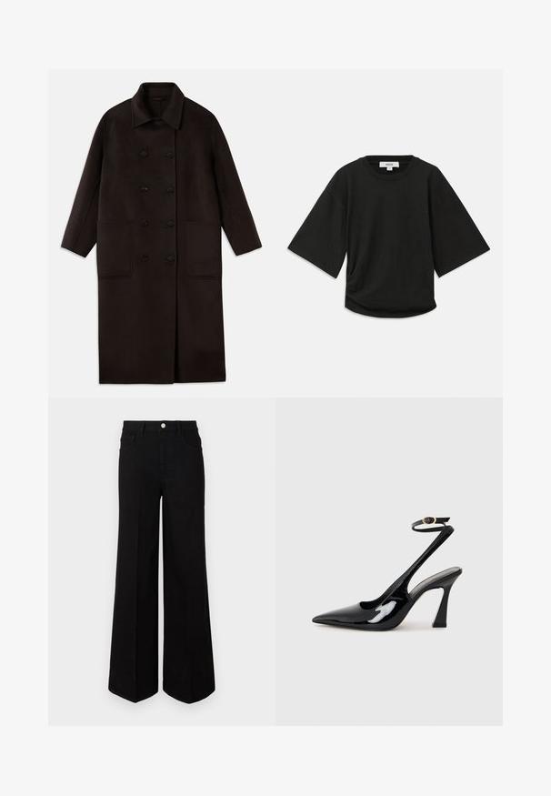 Tmavohnedý, dlhý vlnený kabát s dvojradovým zapínaním, širokým golierom, dlhými rukávmi a dvoma veľkými prednými vreckami.; Čierne tričko s krátkym rukávom vyrobené z mäkkej bavlny, s okrúhlym výstrihom a voľným strihom s jemným zberaním na boku.; Čierne široké džínsy vyrobené z pevnej tkaniny, s vysokým pásom, prednými vreckami a predným zapínaním na gombík. Rovný lem na spodnej strane.; Čierne lakované kožené lodičky na podpätku s špicatou špičkou, nastaviteľným popruhom okolo členka a stredne vysokým blokovým podpätkom. Hladký povrch s lesklým finišom.