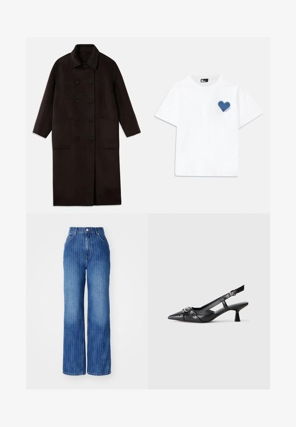 Ciemnobrązowy, długi wełniany płaszcz z podwójnymi guzikami, szerokim kołnierzem, długimi rękawami i dwiema dużymi kieszeniami z przodu.; Biała bawełniana koszulka z krótkim rękawem i okrągłym dekoltem. Zawiera niebieską dżinsową łatkę w kształcie serca po lewej stronie klatki piersiowej, z tekstem poniżej.; Niebieskie dżinsowe spodnie o szerokich nogawkach z pionowymi białymi paskami, wysoki stan i pięć kieszeni, z zapięciem na guzik i suwak.; Czarne skórzane buty typu slingback z ostrym noskiem, ozdobnymi paskami z metalowymi oczkami oraz niskim klinowym obcasem. Teksturowana powierzchnia.