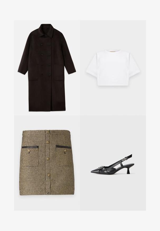 Dark brown, long wool coat with double-breasted buttons, wide collar, long sleeves, and two large front pockets.; Cropped white t-shirt made of soft fabric, featuring short sleeves, a round neckline, and ribbed hem details. Simple and unembellished design.; Woven skirt featuring a black and gold pattern, two front pockets with black accents, and gold buttons down the center.; Black leather slingback shoe with a pointed toe, decorative straps featuring metal eyelets, and a low block heel. Textured surface.