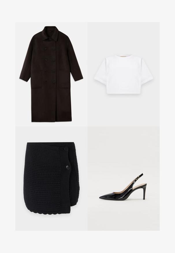 Ciemnobrązowy, długi wełniany płaszcz z podwójnymi guzikami, szerokim kołnierzem, długimi rękawami i dwiema dużymi kieszeniami z przodu.; Skrojona biała koszulka z miękkiego materiału, z krótkimi rękawami, okrągłym dekoltem i żebrowanymi detalami u dołu. Prosty i nieozdobiony design.; Czarny dziany narzutka z teksturowanym wzorem, falbanami na dole i dwoma dużymi guzikami do zapięcia. Miękki materiał o przytulnym designie.; Czarne lakierowane szpilki typu slingback z szpiczastym noskiem, smukłym obcasem i subtelnym wycięciem. Posiadają złotą klamrę na pasku.
