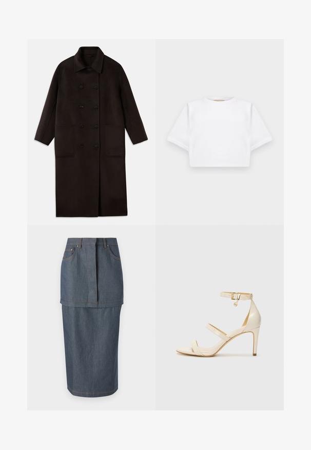 Sötétbarna, hosszú gyapjúszövet kabát dupla gombos záródással, széles gallérral, hosszú ujjaival és két nagy elülső zsebbel.; Rövid ujjú, puha anyagból készült, vágott fehér póló, kör alakú nyakkivágással és bordázott alsó résszel. Egyszerű és díszítetlen kialakítás.; Sötétkék árnyalatú farmer szoknya, elülső zsebekkel, testhezálló derékkal és térdig érő fazonnal, kontrasztos varrással kiemelve.; Beige magassarkú szandál vékony bokapánttal és két felső pánttal. Fényes lakk felület és arany hardware részlet a bokapánton.