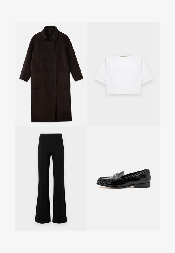 Dunkelbrauner, langer Wollmantel mit doppelreihigen Knöpfen, breitem Kragen, langen Ärmeln und zwei großen vorderen Taschen.; Beschnittenes weißes T-Shirt aus weichem Stoff, mit kurzen Ärmeln, rundem Halsausschnitt und gerippten Saumdetails. Einfaches und schnörkelloses Design.; Schwarze Schlaghose mit hoher Taille, aus dehnbarem Material. Mit vertikalen Nahtdetails auf der Vorderseite und einer glatten Textur.; Schwarze Lacklederslipper mit runder Schuhspitze, Fransen-Details und einem niedrigen Blockabsatz. Die Oberfläche hat ein glänzendes Finish.