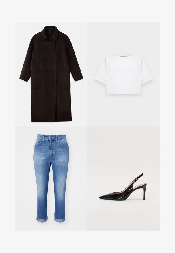 T tumedast pruunist villast pikk sulejope, millel on kahekordsed nööbid, lai krae, pikad varrukad ja kaks suurt esikot.; Lühikeste varrukatega, pehmest kangast lõigatud valge T-särk, millel on ümar kaelus ja soonikuga ääred. Lihtne ja ilma kaunistusteta disain.; Dondup KOONS - Avar lõikega teksad - blue; Must hõbedavärvi patendiga slingback kontsakingad terava varbaga, kitsas konts ja peene lõikega disain. Statistika on kuldne pandla rihmal.