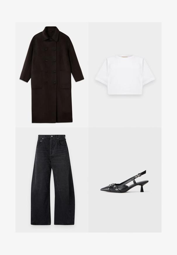 Sötétbarna, hosszú gyapjúszövet kabát dupla gombos záródással, széles gallérral, hosszú ujjaival és két nagy elülső zsebbel.; Rövid ujjú, puha anyagból készült, vágott fehér póló, kör alakú nyakkivágással és bordázott alsó résszel. Egyszerű és díszítetlen kialakítás.; Citizens of Humanity HORSESHOE - Laza szabású farmerek - black; Fekete bőr slingback cipő hegyes orral, dekoratív pántokkal, fém szemekkel és alacsony blokk sarkú. Texturált felület.