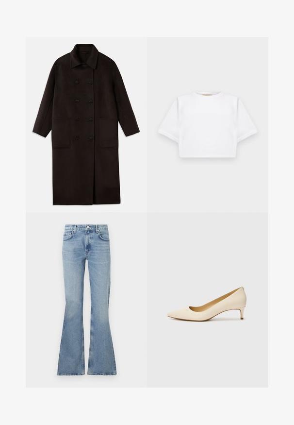 Cappotto lungo in lana marrone scuro, con bottoni doppi, ampio colletto, maniche lunghe e due grandi tasche frontali.; T-shirt bianca cropped realizzata in tessuto morbido, con maniche corte, scollo rotondo e dettagli a costine sull'orlo. Design semplice e senza fronzoli.; Jeans a zampa d'elefante di colore blu chiaro realizzati in denim, con vita alta, design a cinque tasche e una leggera scoloritura su tutto il tessuto.; Décolleté beige a punta realizzato in materiale sintetico liscio, con tacco basso e design slip-on, caratterizzato da un sottile dettaglio posteriore.