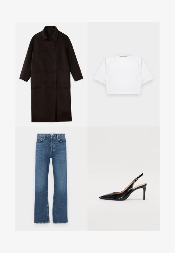 Cappotto lungo in lana marrone scuro, con bottoni doppi, ampio colletto, maniche lunghe e due grandi tasche frontali.; T-shirt bianca cropped realizzata in tessuto morbido, con maniche corte, scollo rotondo e dettagli a costine sull'orlo. Design semplice e senza fronzoli.; Jeans blu in denim, con un design a gamba dritta, cinque tasche, chiusura con bottone e aree leggermente sbiadite sulle cosce.; Pumps slingback in pelle verniciata nera con punta affilata, tacco sottile e un design con ritagli delicati. Caratterizzate da una fibbia dorata sul cinturino.