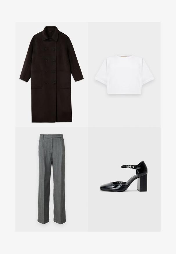 Tamsiai rudas, ilgas vilnonis paltas su dvigubais mygtukais, plačiu apykakle, ilgomis rankovėmis ir dviem didelėmis priekinėmis kišenėmis.; Trumpas baltas marškinėliai iš minkštos medžiagos, su trumpomis rankovėmis, apvaliu iškirpimu ir raukšlėtais hemų detalėmis. Paprastas ir be puošmenų dizainas.; Pilkos smailių juostelių kelnės su mėlynais akcentais, tiesiogios kojų formos, su diržo kilpomis ir sulenktais kraštais. Pagamintos iš tekstūruotos medžiagos.; Juodos lakuotos aukštakulnės bateliai su kvadratine nosimi, kulkšnies dirželiu ir masyviu kulnu. Apima perforuotus detalizavimus aplink kraštą.