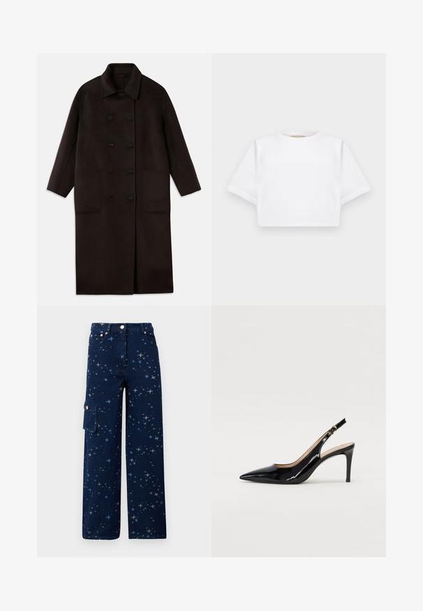 Tamsiai rudas, ilgas vilnonis paltas su dvigubais mygtukais, plačiu apykakle, ilgomis rankovėmis ir dviem didelėmis priekinėmis kišenėmis.; Trumpas baltas marškinėliai iš minkštos medžiagos, su trumpomis rankovėmis, apvaliu iškirpimu ir raukšlėtais hemų detalėmis. Paprastas ir be puošmenų dizainas.; Tamsiai mėlynos džinsinės krovinių kelnės, dekoruotos žvaigždžių raštu, plačiomis kojomis, su priekinėmis kišenėmis ir šonine kišene su mygtuko uždarymu.; Juodas lakinės odos slingback batelis su smailiu nosiu, plonu kulnu ir subtiliu išpjovos dizainu. Yra auksinė sagtis ant dirželio.