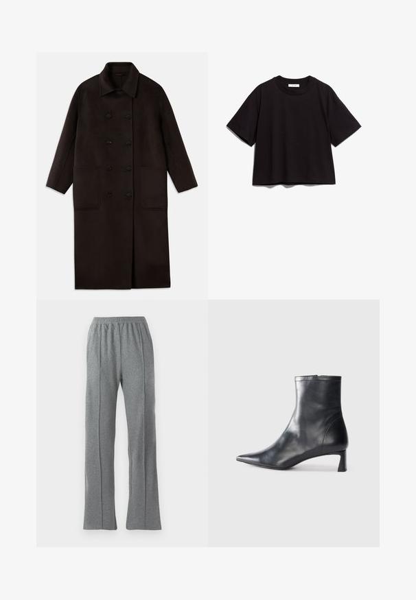 Donkerbruin, lange wollen jas met dubbelrijgsluiting, brede kraag, lange mouwen en twee grote voorzakken.; Zwart katoenen crop t-shirt met een ronde hals en korte mouwen. Heeft een relaxte pasvorm en een eenvoudig, onopgesmukt ontwerp.; Grijze joggingbroek met een elastische tailleband, met een recht gesneden pijp en subtiele naden aan de zijkant. Gemaakt van zachte, gestructureerde stof.; Zwarte leren enkellaars met een spitse neus en een slank ontwerp. Heeft een lage hak en een ritssluiting aan de achterkant. Gladde textuur.