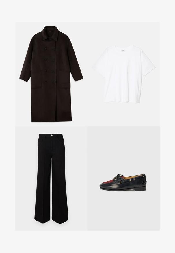 Tmavohnedý, dlhý vlnený kabát s dvojradovým zapínaním, širokým golierom, dlhými rukávmi a dvoma veľkými prednými vreckami.; Biely bavlnený tričko s krátkymi rukávmi, okrúhlym výstrihom, voľným strihom a prešitým lemom. Štítok viditeľný na vnútornom krku.; Čierne široké džínsy vyrobené z pevnej tkaniny, s vysokým pásom, prednými vreckami a predným zapínaním na gombík. Rovný lem na spodnej strane.; Čierne kožené lodné topánky s červenou semišovou špičkou, zlatými očkami a dekoratívnou mašľou. Hladký povrch s nízkym blokovým podpätkom.