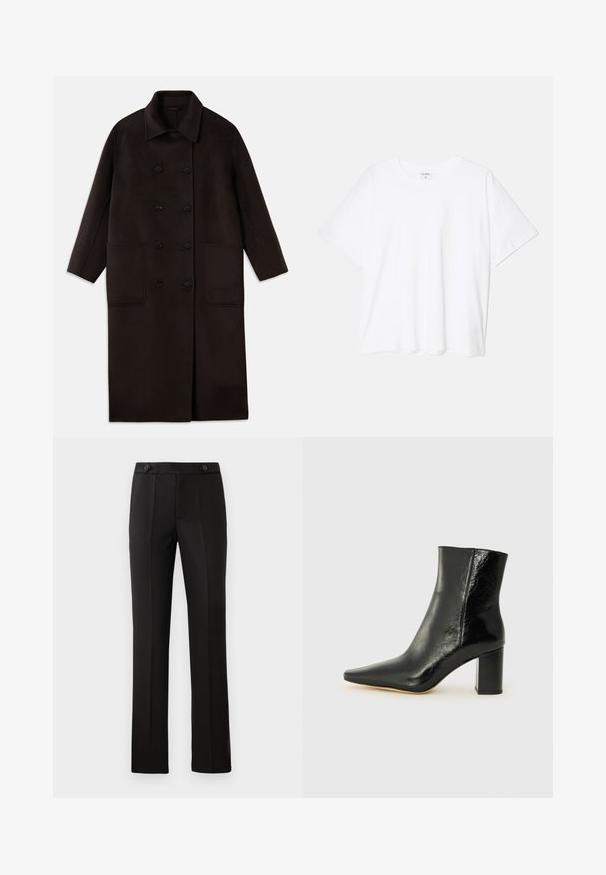 Casaco de lã longo, castanho escuro, com botões duplos, colarinho largo, mangas longas e dois grandes bolsos frontais.; T-shirt de algodão branco com mangas curtas, decote redondo, corte descontraído e bainha cosida. Etiqueta visível no interior do pescoço.; Calças pretas ajustadas com perna reta, dois bolsos frontais, fecho com botão e detalhes de pregas na parte da frente. Textura de tecido suave.; Botim preto até ao tornozelo, feito de couro brilhante, com bico apontado e um salto grosso e quadrado. Apresenta uma textura suave e um design minimalista.