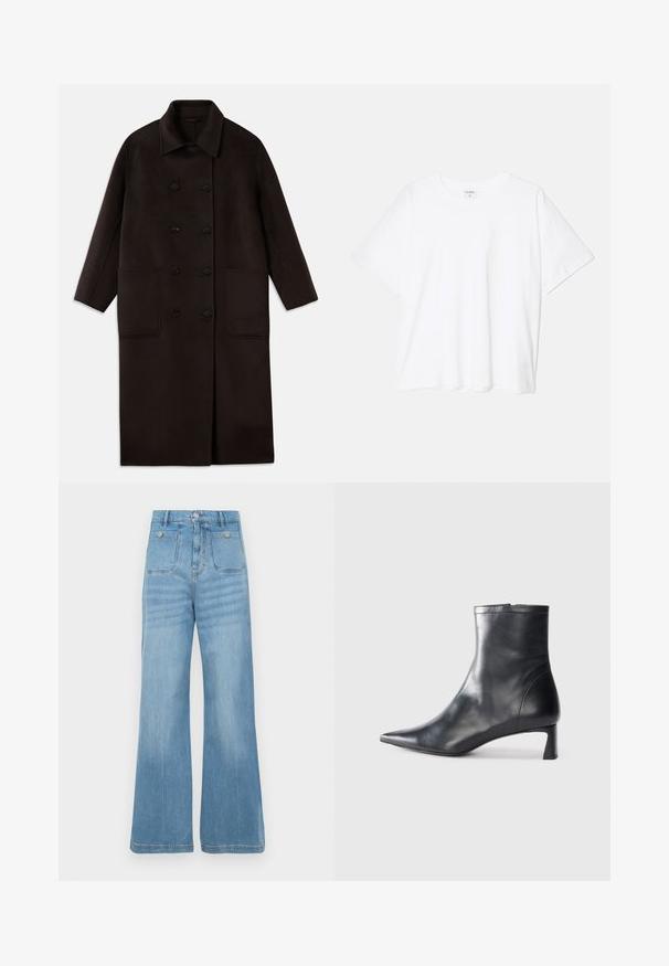 Dark brown, long wool coat with double-breasted buttons, wide collar, long sleeves, and two large front pockets.; White cotton t-shirt with short sleeves, round neckline, relaxed fit, and stitched hem. Label visible on the inside neck.; Light blue denim jeans with a wide-leg design, featuring two front pockets and two back pockets, finished with a raw hem and button closure.; Black leather ankle boot with a pointed toe and a sleek design. Features a low heel and a zipper closure at the back. Smooth texture.