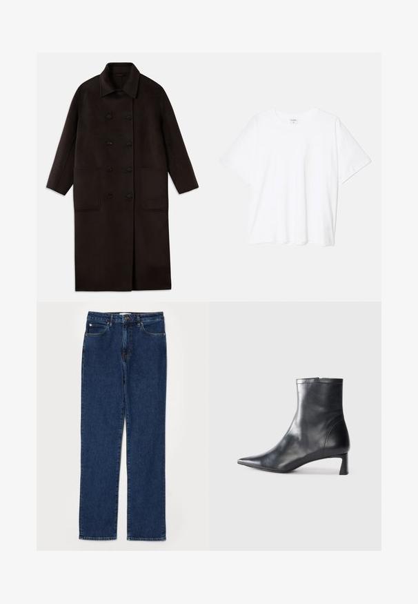 Tumši brūns, garš vilnas mētelis ar dubultām pogām, plašu apkakli, garām piedurknēm un divām lielām priekšējām kabatām.; Balta kokvilnas T-krekls ar īsām piedurknēm, apaļu dekoltē, brīva piegriezuma un šūtu apakšmalu. Etiķete redzama iekšējā kakla daļā.; Tumši zilie džinsi, taisnas kājas dizains, piecu kabatu stils, ar izturīgu jostasvietu un redzamām šuvju detaļām.; Melnas ādas potītes zābaki ar norādītu pirkstu un elegantu dizainu. Iezīmē zemu papēdi un rāvējslēdzēja aizdari aizmugurē. Gluda tekstūra.
