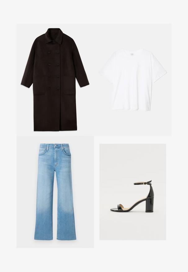 Dunkelbrauner, langer Wollmantel mit doppelreihigen Knöpfen, breitem Kragen, langen Ärmeln und zwei großen vorderen Taschen.; Weißes Baumwoll-T-Shirt mit kurzen Ärmeln, runder Halslinie, lockerer Passform und genähtem Saum. Etikett sichtbar am inneren Kragen.; Helleblaue Denim-Hose mit weitem Bein, verwaschenem Textur, hohen Taillenschnitt und traditionellem Fünf-Taschen-Design. Metallknopf und Reißverschluss zum Schließen.; Schwarze Lackleder-Sandalette mit weitem Absatz, offener Zehenpartie und Knöchelriemen mit goldener Schnalle. Glatte Textur und elegantes Design.