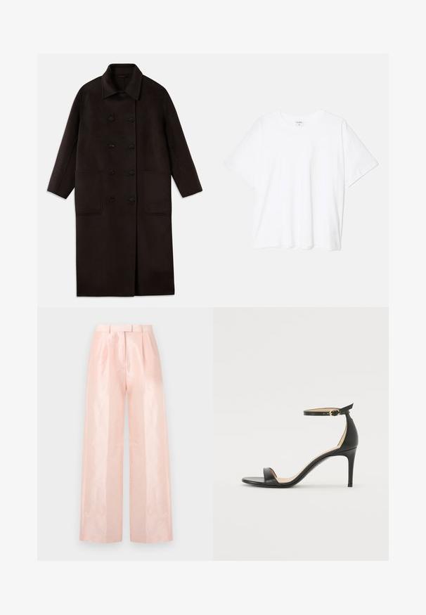 Dark brown, long wool coat with double-breasted buttons, wide collar, long sleeves, and two large front pockets.; White cotton t-shirt with short sleeves, round neckline, relaxed fit, and stitched hem. Label visible on the inside neck.; Light pink high-waisted wide-leg trousers, featuring a smooth, shiny texture, pleats at the front, and a matching belt.; Black leather high-heeled sandal with an ankle strap. Features a smooth texture, open toe, and a thin heel. Gold-toned buckle detail.