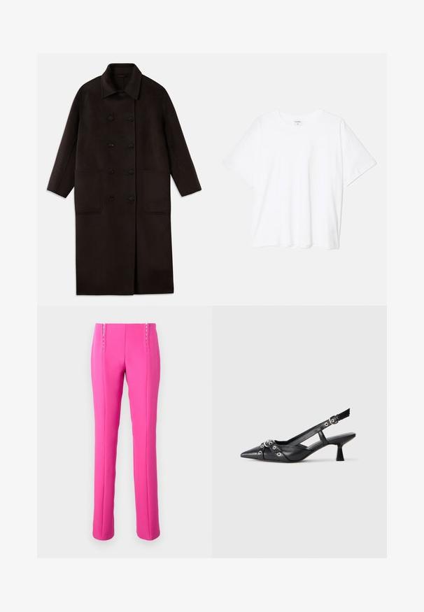 Dark brown, long wool coat with double-breasted buttons, wide collar, long sleeves, and two large front pockets.; White cotton t-shirt with short sleeves, round neckline, relaxed fit, and stitched hem. Label visible on the inside neck.; Pink fitted trousers with a smooth texture, featuring visible stitching accents and a straight leg cut.; Black leather slingback shoe with a pointed toe, decorative straps featuring metal eyelets, and a low block heel. Textured surface.