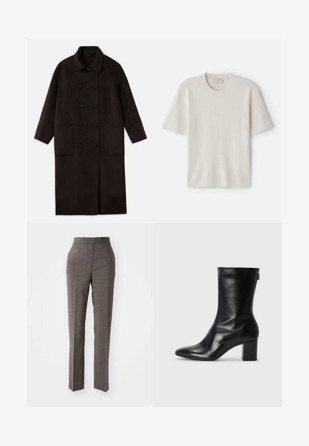 Cappotto lungo in lana marrone scuro, con bottoni doppi, ampio colletto, maniche lunghe e due grandi tasche frontali.; T-shirt crema a maniche corte con scollatura rotonda, realizzata in materiale morbido, caratterizzata da una linea dritta e dettagli minimi.; Pantaloni grigi su misura con gamba dritta, tessuto testurizzato, vita a media altezza e due tasche frontali. Senza chiusure visibili o fantasie.; Stivale alla caviglia in pelle nera con punta affusolata e tacco a blocco di 4 cm. Design elegante con cerniera laterale per una facile calzata. Tessuto liscio.
