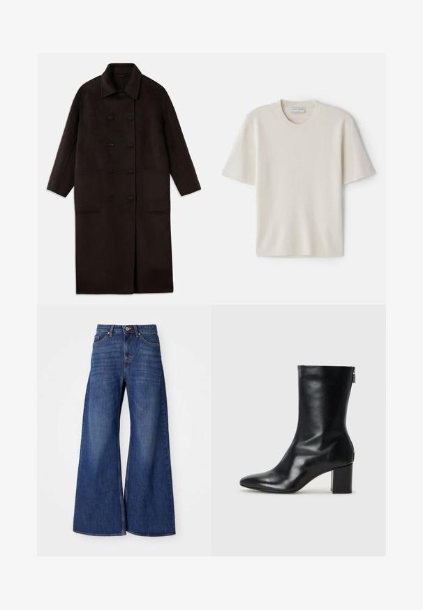 Sötétbarna, hosszú gyapjúszövet kabát dupla gombos záródással, széles gallérral, hosszú ujjaival és két nagy elülső zsebbel.; Krém színű, rövid ujjú póló, kerek nyakkivágással, puha anyagból készült, egyenes szabású és minimális díszítéssel rendelkezik.; Sötétkék, széles lábú farmernadrág klasszikus ötpocket dizájnnal, gombos záródással és finom, kopott hatással a combokon.; Fekete bőr bokacipő hegyes orral és 4 cm-es blokkfallal. Simán díszített designja oldalra nyíló cipzárral rendelkezik, ami megkönnyíti a felvételt. Simább textúrával.