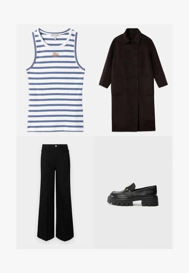Tamno smeđi, dugi kaput od vune s dvostrukim dugmadi, širokim ovratnikom, dugim rukavima i dva velika prednja džepa.; Prugasta majica bez rukava koja obilježava izmjenične plave i bijele rebraste tkanine. Dizajn uključuje mali smeđi logo na prsima i plavi rub na izrezu.; Crne široke traperice od čvrstog materijala, s visokim strukom, prednjim džepovima i prednjim kopčanjem na dugme. Ravni rub na dnu.; Crne kožne loafersice s debelim potplatom, s zlatnim akcentom sprijeda i glatkim završetkom. Debeli uzorak na potplatu.