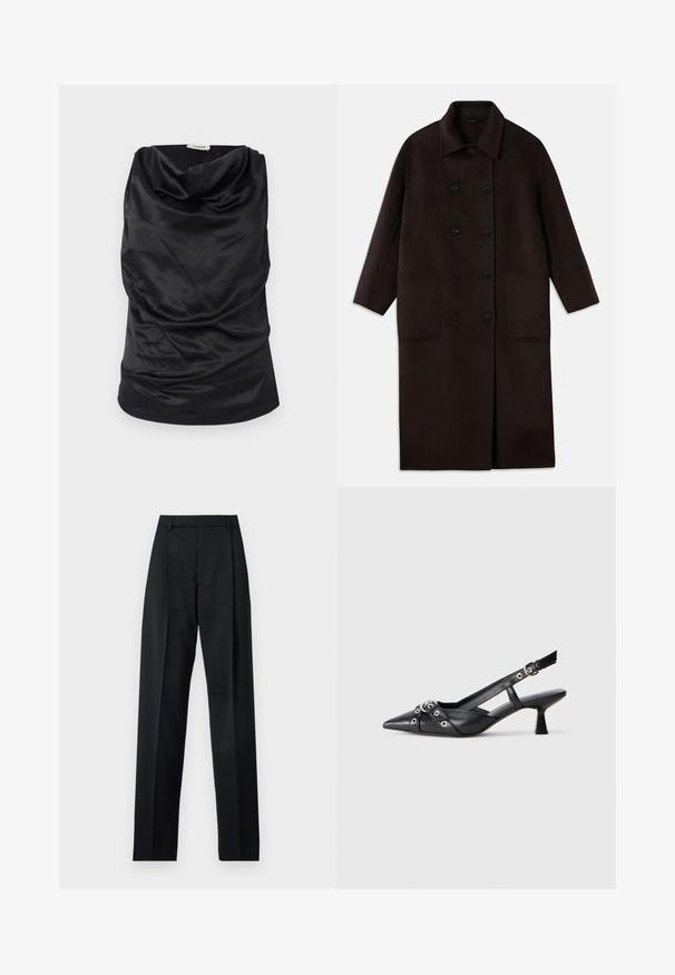 Mörkbrun, långullkappa med dubbelknäppning, bred krage, långa ärmar och två stora framfickor.; Svart kofta med cowl-neck gjord av ett glatt tyg, med draperad design, mjuk textur och en figurnära silhuett. Sömlös finish längs fållen.; Svarta byxor i mjukt tyg med hög midja, vida ben, framfickor och klassiska bältesöglor. Inga sidofickor synliga.; Svart lädersko med slingback-design, spetsig tå, dekorativa remmar med metallöglor och en låg klack. Texturerad yta.