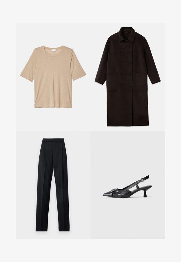 Dunkelbrauner, langer Wollmantel mit doppelreihigen Knöpfen, breitem Kragen, langen Ärmeln und zwei großen vorderen Taschen.; Filippa K ELENA TEE - T-Shirt print - sandstone; Schwarze Hosen aus glattem Stoff mit hoher Taille, weitem Bein, vorderen Falten und klassischen Gürtelschlaufen. Keine sichtbaren Seitentaschen.; Schwarzer Leder-Slingback-Schuh mit spitz zulaufender Zehenpartie, dekorativen Riemen mit METALLÖSEN und niedrigem Blockabsatz. Strukturelle Oberfläche.