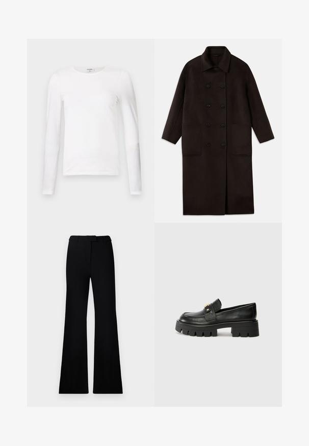 Ciemnobrązowy, długi wełniany płaszcz z podwójnymi guzikami, szerokim kołnierzem, długimi rękawami i dwiema dużymi kieszeniami z przodu.; Biała, długi rękaw, koszulka z miękkiej bawełny, z okrągłym dekoltem i dopasowanym krojem, z czystymi szwami i bez widocznych wzorów.; Czarne rozszerzane spodnie o gładkiej fakturze, z dopasowaną talią i kieszeniami z przodu, zaprojektowane w eleganckim, nowoczesnym stylu.; Czarne skórzane loafersy z masywną podeszwą, z akcentem w kolorze złota z przodu i gładkim wykończeniem. Masywna podeszwa z ciekawym wzorem.