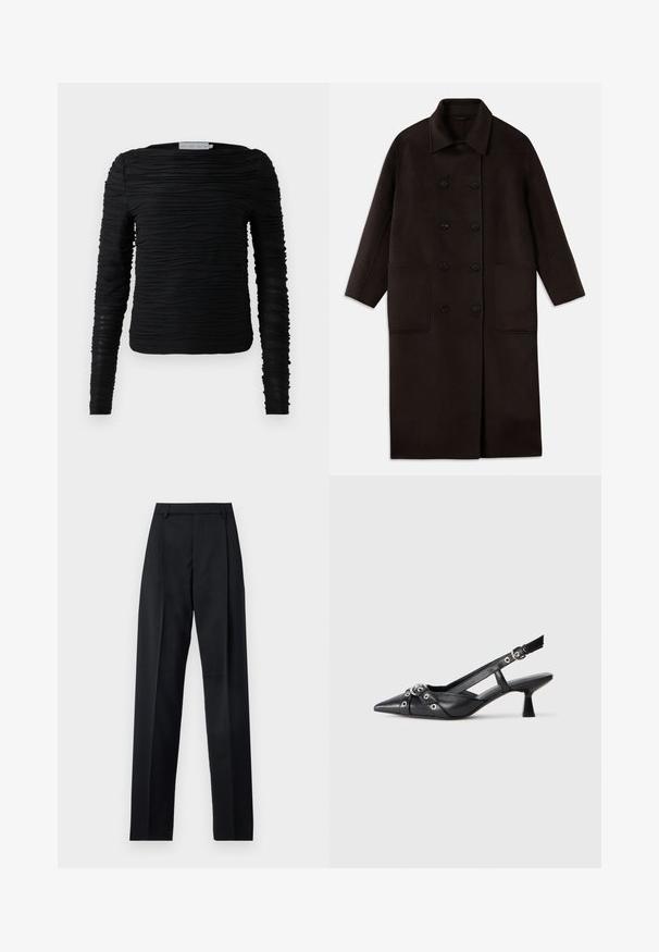 Palton lung, din lână, de culoare maro închis, cu nasturi dubli, guler larg, mâneci lungi și două buzunare mari în față.; Cămașă neagră cu mâneci lungi, cu un design texturat și adunat. Are un decolteu tip crew și o siluetă ajustată, cu detalii elastice.; Pantaloni negri dintr-un material neted, cu talie înaltă, picioare largi, pliuri frontale și loop-uri clasice pentru curea. Fără buzunare laterale vizibile.; Pantofii slingback din piele neagră, cu vârful ascuțit, curele decorative cu ochiuri din metal și toc bloc mic. Suprafață texturată.