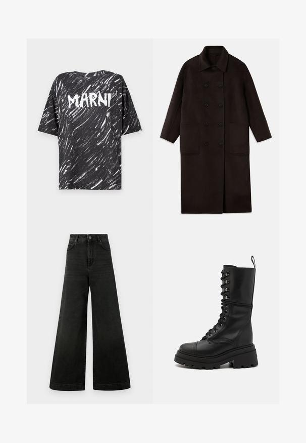 Abrigo de lana largo de color marrón oscuro, con botones dobles, cuello ancho, mangas largas y dos grandes bolsillos frontales.; Camiseta de algodón negra de corte oversized con un patrón a rayas blancas y el logo "MARNI" prominentemente exhibido en la parte posterior. Manga corta y cuello redondo.; Jeans de tiro alto y pierna ancha en denim negro oscuro. Incluyen cierre de botones, bolsillos delanteros y una textura suave con un desgaste mínimo.; Botas de cuero negro con cordones, suela gruesa tipo "lug", caña alta y superficie texturizada, que cuentan con ojales metálicos y un tirador.