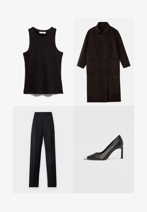 Dunkelbrauner, langer Wollmantel mit doppelreihigen Knöpfen, breitem Kragen, langen Ärmeln und zwei großen vorderen Taschen.; Schwarzes Tanktop aus geripptem Stoff. Mit Rundhalsausschnitt und weiten Armausschnitten. Gerader Saum mit genähten Details. Einfaches Design.; Schwarze Hosen aus glattem Stoff mit hoher Taille, weitem Bein, vorderen Falten und klassischen Gürtelschlaufen. Keine sichtbaren Seitentaschen.; Schwarzer Lederschuh mit hohem Absatz, spitz zulaufender Zehenpartie und metallischer silberner Spitze. Verfügt über eine glatte Oberfläche und einen schlanken 10 cm hohen Absatz.
