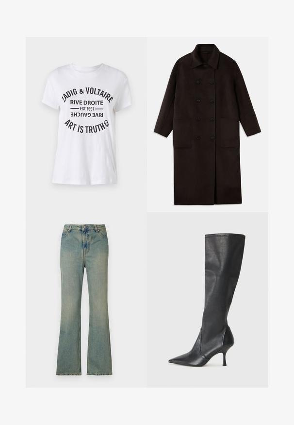 Tumši brūns, garš vilnas mētelis ar dubultām pogām, plašu apkakli, garām piedurknēm un divām lielām priekšējām kabatām.; Balta kokvilnas T-kreklu ar izteiksmīgu melnu tekstu, kurā ir zīmola nosaukums, atrašanās vieta, dibināšanas datums un sauklis apļa izkārtojumā. Apaļas kakla izgriezums.; Gai zila denima platās bikses ar augstu jostasvietu, piecām kabatām un rāvējslēdzi. Tīra, izbalējusi apdare ar smalkiem šuvumiem.; Ceļa auguma melni ādas zābaki ar smailu purngalu un šauru stiletto papēdi. Gluda tekstūra ar pieguļošu dizainu un izšuvumiem augšējā malā.