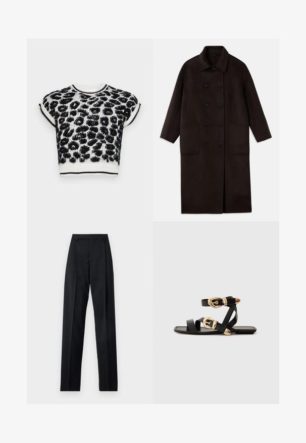 Casaco de lã longo, castanho escuro, com botões duplos, colarinho largo, mangas longas e dois grandes bolsos frontais.; Sweater de malha cropped com padrão de leopardo em preto e branco, com mangas curtas e ribanas no colarinho e na barra.; Calças pretas feitas de um tecido suave, com uma cintura alta, pernas largas, pregas frontais e passadores de cinto clássicos. Não há bolsos laterais visíveis.; Sandálias de couro pretas com detalhes em fivela dourada, apresentando várias tiras e um design de sola plana para uso à vista.