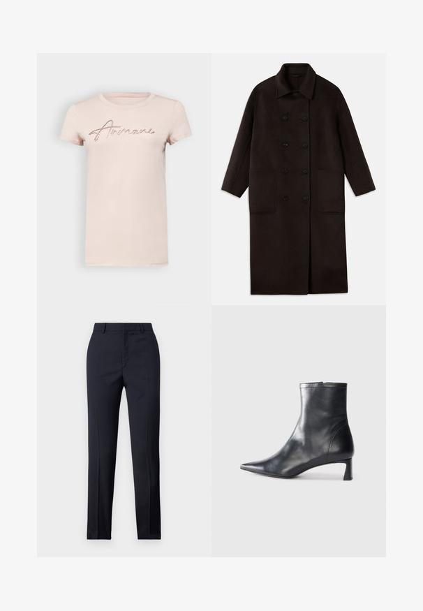 Donkerbruin, lange wollen jas met dubbelrijgsluiting, brede kraag, lange mouwen en twee grote voorzakken.; Lichtroze katoenen t-shirt met korte mouwen, met een glanzend, versierd "A|X" logo ontwerp over de borst in metalen accenten.; Marineblauwe, op maat gemaakte broek met een rechte snit, met een gladde textuur, twee zijzakken en een schone tailleband.; Zwarte leren enkellaars met een spitse neus en een slank ontwerp. Heeft een lage hak en een ritssluiting aan de achterkant. Gladde textuur.