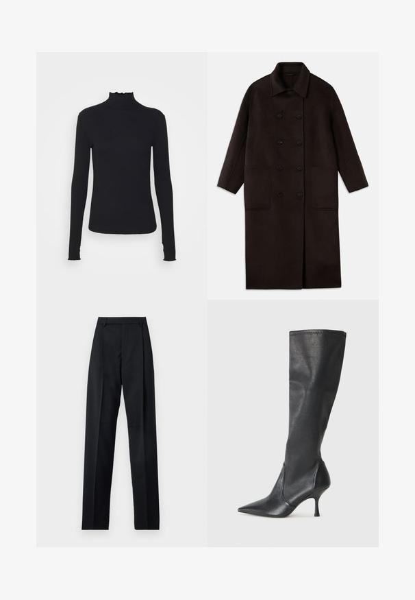 Dark brown, long wool coat with double-breasted buttons, wide collar, long sleeves, and two large front pockets.; Black long-sleeve turtleneck top made of smooth fabric, featuring a ruffled neck and fitted silhouette with simple edges.; Black trousers made from smooth fabric featuring a high waist, wide legs, front pleats, and classic belt loops. No side pockets visible.; Knee-high black leather boots with a pointed toe and a slim stiletto heel. Smooth texture with a fitted design and stitching at the top edge.