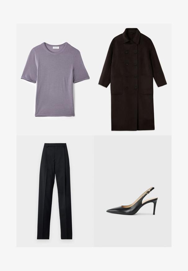 Casaco de lã longo, castanho escuro, com botões duplos, colarinho largo, mangas longas e dois grandes bolsos frontais.; T-shirt roxa de mangas curtas feita de um tecido suave, com um decote redondo e uma bainha reta, apresentando uma textura lisa e sem padrões visíveis.; Calças pretas feitas de um tecido suave, com uma cintura alta, pernas largas, pregas frontais e passadores de cinto clássicos. Não há bolsos laterais visíveis.; Saltos altos slingback em couro preto, com bico fino, tira ajustável e um elegante salto stiletto, apresentando um acabamento suave.