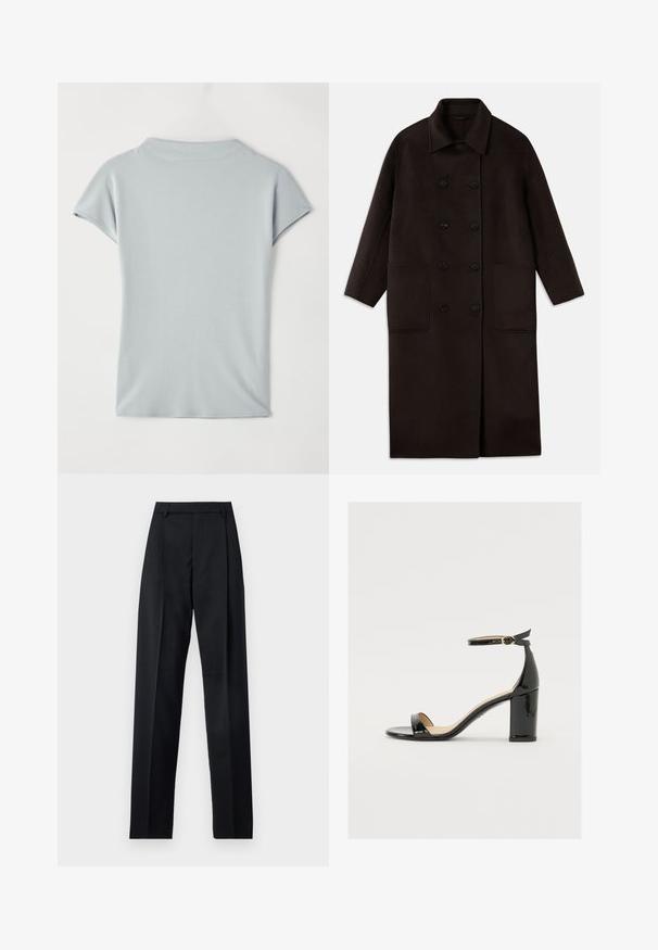 Tamsiai rudas, ilgas vilnonis paltas su dvigubais mygtukais, plačiu apykakle, ilgomis rankovėmis ir dviem didelėmis priekinėmis kišenėmis.; Šviesiai mėlynas trumpų rankovių palaidinė, pagaminta iš minkštos medžiagos, su apvaliu kaklu ir subtiliu drapavimu, užtikrinančiu laisvą prigludimą. Be raštų ar dekoracijų.; Juodos kelnės iš lygaus audinio, pasižyminčios aukštu liemeniu, plačiomis kojomis, priekinėmis klostėmis ir klasikiais diržo kilpomis. Šoninių kišenių nematyti.; Juodas lakinės odos sandalai su plačiu kulnu, atvira koja ir kulkšnies juostele, turinčia auksinę sagtį. Lygi tekstūra ir elegantiškas dizainas.