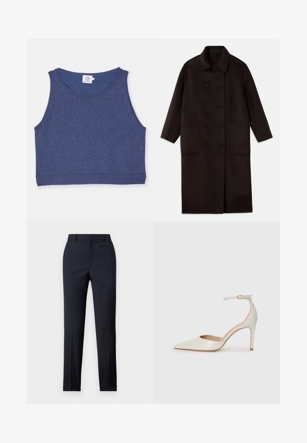 Abrigo de lana largo de color marrón oscuro, con botones dobles, cuello ancho, mangas largas y dos grandes bolsillos frontales.; Top corto de color azul oscuro hecho de un tejido texturizado, con un escote redondo y bordes acanalados. Etiqueta en el interior del escote.; Pantalones de corte recto en color navy, con una textura suave, dos bolsillos delanteros y una cinturilla limpia.; Zapato de tacón alto de cuero blanco con punta afilada, correa en el tobillo y un delgado tacón de aguja. Textura lisa con un sutil acabado brillante.