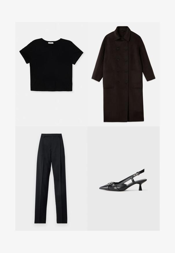 Casaco de lã longo, castanho escuro, com botões duplos, colarinho largo, mangas longas e dois grandes bolsos frontais.; T-shirt cortado preto feito de algodão macio, com mangas curtas, decote redondo e bainha limpa sem adornos.; Calças pretas feitas de um tecido suave, com uma cintura alta, pernas largas, pregas frontais e passadores de cinto clássicos. Não há bolsos laterais visíveis.; Sapato slingback em couro preto com biqueira fina, tiras decorativas com ilhós de metal e um pequeno salto quadrado. Superfície texturizada.