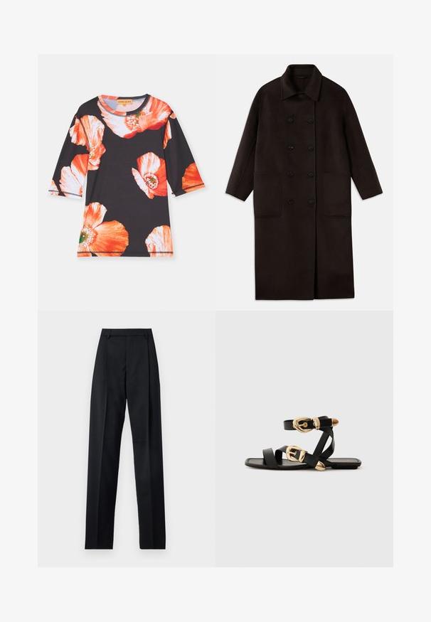 Palton lung, din lână, de culoare maro închis, cu nasturi dubli, guler larg, mâneci lungi și două buzunare mari în față.; Cămașă neagră cu mâneci trei sferturi, având motive florale mari în nuanțe de roșu și portocaliu. Țesătură moale cu decolteu rotund și detalii de contrast.; Pantaloni negri dintr-un material neted, cu talie înaltă, picioare largi, pliuri frontale și loop-uri clasice pentru curea. Fără buzunare laterale vizibile.; Sandale din piele neagră cu accente aurii pe catarame, având mai multe curele și un design cu talpă plată pentru purtare cu degetele la vedere.