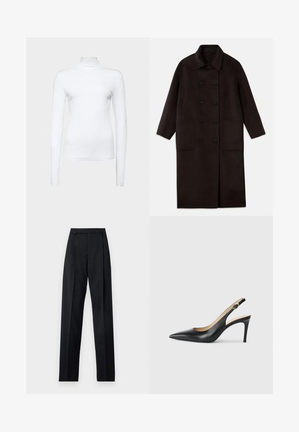 Donkerbruin, lange wollen jas met dubbelrijgsluiting, brede kraag, lange mouwen en twee grote voorzakken.; Witte lange mouwen coltrui gemaakt van rekbare katoenstof. Heeft een getailleerd ontwerp en een gladde textuur, zonder zichtbare patronen of accenten.; Zwarte broek gemaakt van gladde stof met een hoge taille, wijde benen, voorplooien en klassieke ceintuurlussen. Geen zijzakken zichtbaar.; Zwarte leren slingback-hakken met een spitse neus, verstelbare band en een elegante stiletto-hak, met een gladde afwerking.