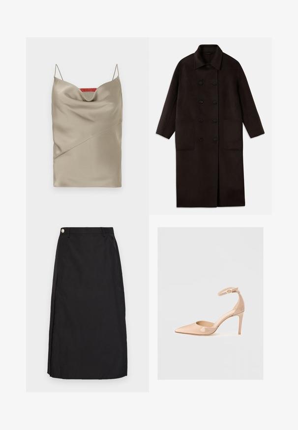 Dunkelbrauner, langer Wollmantel mit doppelreihigen Knöpfen, breitem Kragen, langen Ärmeln und zwei großen vorderen Taschen.; Satin-Camisole in hellem Taupe mit einem drapierten Ausschnitt, dünnen verstellbaren Trägern und diagonalen Nahtdetails. Markenlabel in Rot auf der Rückseite.; Schwarz knielanger Rock aus glattem Stoff, mit einem Schlitz vorne und einem metallischen Knopfakzent am Bund.; Nude Lackleder-Pumps mit spitzem Zehenbereich, einem Knöchelriemen und einem Stiletto-Absatz, die eine glatte Textur und ein minimalistisches Design aufweisen.