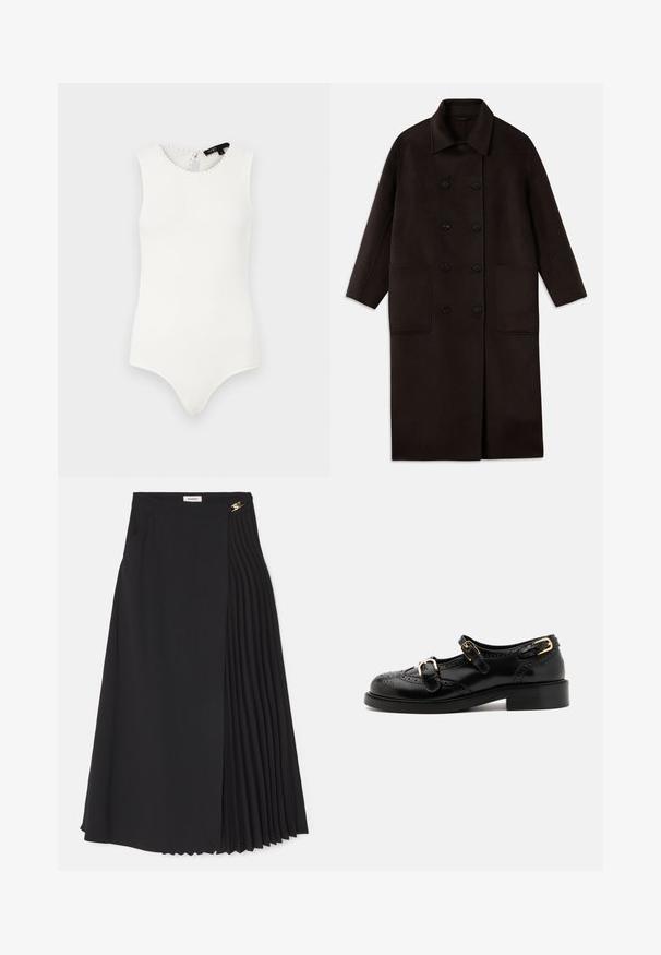 Cappotto lungo in lana marrone scuro, con bottoni doppi, ampio colletto, maniche lunghe e due grandi tasche frontali.; Body bianco senza maniche realizzato in tessuto a costine, con scollatura a onde e dettaglio di apertura sul retro, oltre a un design della parte inferiore affusolato.; Gonna midi nera con design a pieghe su un lato, realizzata in tessuto leggero con zip nascosta e tasche laterali.; Scarpe in pelle nera con dettagli brogue, dotate di due cinturini con fibbia, punta arrotondata e tacco basso. Texture liscia con finitura lucida.