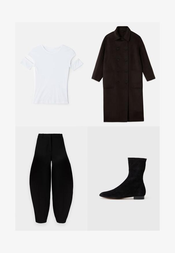 Mørkebrun, lang uldfrakke med dobbeltknapper, bred krave, lange ærmer og to store frontlommer.; Hvid bomulds T-shirt med rund hals, korte ærmer med udskårne detaljer og et tætsiddende design. Glat tekstur, minimal dekoration.; Sorte vidde bukser med høj talje, plisseret front og smalnende ankler. Fremstillet af glat stof med mat overflade.; Sorte suedestøvler til anklerne med en tætsiddende skaft, spids tå og lav blokhæl. Glat tekstur og minimalistisk design, velegnet til alsidig styling.