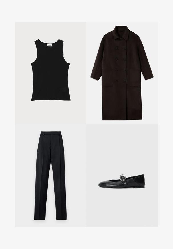 Dark brown, long wool coat with double-breasted buttons, wide collar, long sleeves, and two large front pockets.; Black ribbed tank top with a round neckline and wide shoulder straps, featuring a subtle textured finish and a small mesh detail at the hem.; Black trousers made from smooth fabric featuring a high waist, wide legs, front pleats, and classic belt loops. No side pockets visible.; Black leather ballet flats with a pointed toe, featuring a strap with a circular metallic buckle and a flat sole.