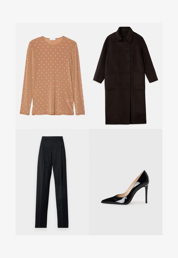 Casaco de lã longo, castanho escuro, com botões duplos, colarinho largo, mangas longas e dois grandes bolsos frontais.; Top de mangas longas castanho com decote redondo, adornado com lantejoulas circulares prateadas dispostas em padrão de bolinhas.; Calças pretas feitas de um tecido suave, com uma cintura alta, pernas largas, pregas frontais e passadores de cinto clássicos. Não há bolsos laterais visíveis.; Sabrinas de salto alto em couro envernizado preto com um design de bico fino e uma silhueta elegante. Apresenta um acabamento suave e brilhante, além de um salto fino e esguio.