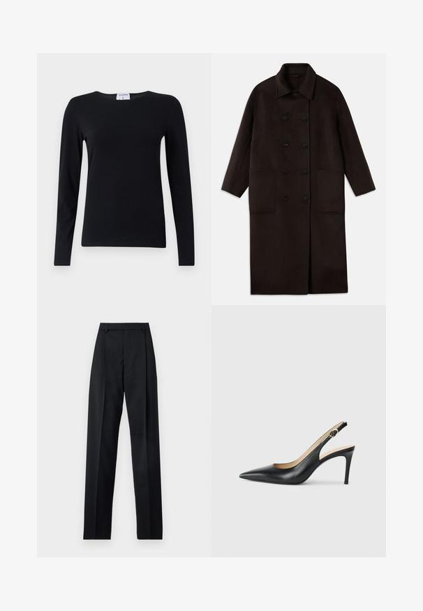 Tamno smeđi, dugi kaput od vune s dvostrukim dugmadi, širokim ovratnikom, dugim rukavima i dva velika prednja džepa.; Duga crna majica s dugim rukavima izrađena od soft inog materijala, s okruglim izrezom, ravnim krojem i minimalnim šavovima za čist izgled.; Crne hlače od glatkog materijala s visokim strukom, širokim nogavicama, prednjim pregibima i klasičnim petljama za remen. Nema vidljivih bočnih džepova.; Crne kožne slingback visoke potpetice s šiljastim nosom, podesivim trakama i elegantnim stiletto potpeticama, s glatkom završnom obradom.