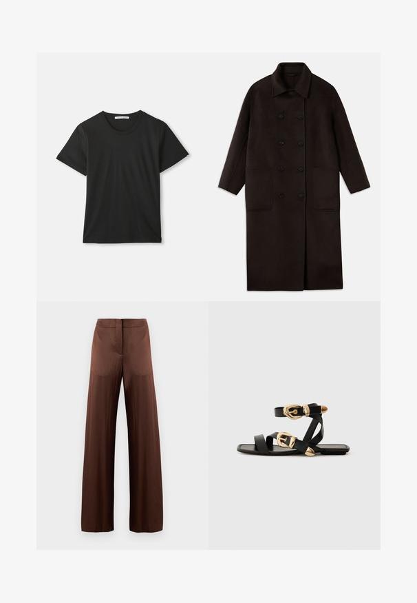Sötétbarna, hosszú gyapjúszövet kabát dupla gombos záródással, széles gallérral, hosszú ujjaival és két nagy elülső zsebbel.; Fekete, rövid ujjú, kerek nyakú pamut póló, laposan elhelyezve fehér háttéren, látható márkajelzéssel a gallér belső részén.; Barna, bő szárú nadrág sima, könnyű anyagból, lapos elülső résszel, zsebek nélkül és egyenes sziluettel.; Fekete bőr szandál arany csattal, több hevederrel és lapos talpú dizájnnal, nyitott lábujjú viselethez.