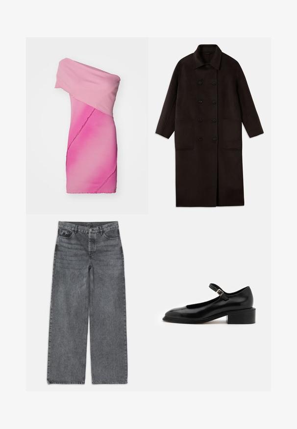 Donkerbruin, lange wollen jas met dubbelrijgsluiting, brede kraag, lange mouwen en twee grote voorzakken.; Aansluitend, off-shoulder jurk in een gradient roze ribbenstof, met een asymmetrisch ontwerp en onafgewerkte randdetails.; Wijdere jeans in donkergrijs denim. Kenmerken zijn een hoge taille, vijf zakken en een sluiting met een knoop aan de voorkant. Glad textuur met subtiele vervaging.; Souliers Martinez PENELOPE - Hoge hakken - black