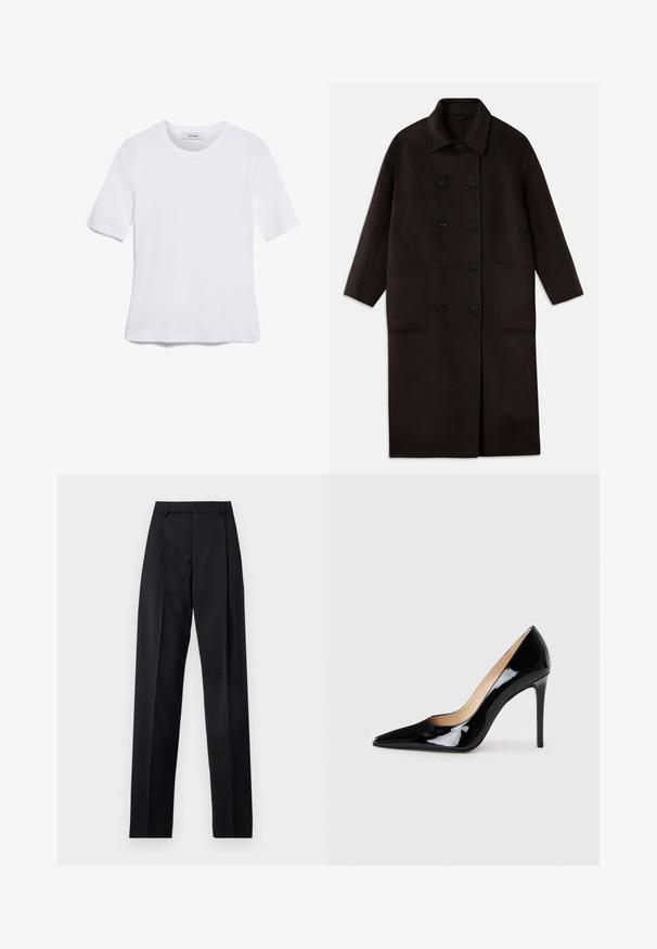Casaco de lã longo, castanho escuro, com botões duplos, colarinho largo, mangas longas e dois grandes bolsos frontais.; T-shirt de manga curta branca feita de tecido canelado. Decote redondo, ajuste regular e detalhes de costura subtis. Sem padrões ou gráficos.; Calças pretas feitas de um tecido suave, com uma cintura alta, pernas largas, pregas frontais e passadores de cinto clássicos. Não há bolsos laterais visíveis.; Sabrinas de salto alto em couro envernizado preto com um design de bico fino e uma silhueta elegante. Apresenta um acabamento suave e brilhante, além de um salto fino e esguio.