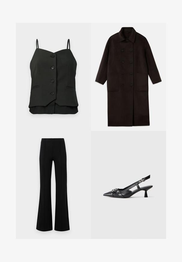 Tumši brūns, garš vilnas mētelis ar dubultām pogām, plašu apkakli, garām piedurknēm un divām lielām priekšējām kabatām.; Melna bezpiedurkņu blūze ar pogām, plānām plecu siksnām un divām mazām šūtām kabatām priekšējās pusēs.; Melnas platas bikses ar augsto jostasvietu, izgatavotas no elastīga auduma. Satur vertikālas šuvju detaļas priekšpusē un gludu tekstūru.; Melnas ādas šlipsveida kurpes ar norādītu purngalu, dekoratīvām joslām ar metāla acīm un zemu bloku papēdi. Teksturēta virsma.